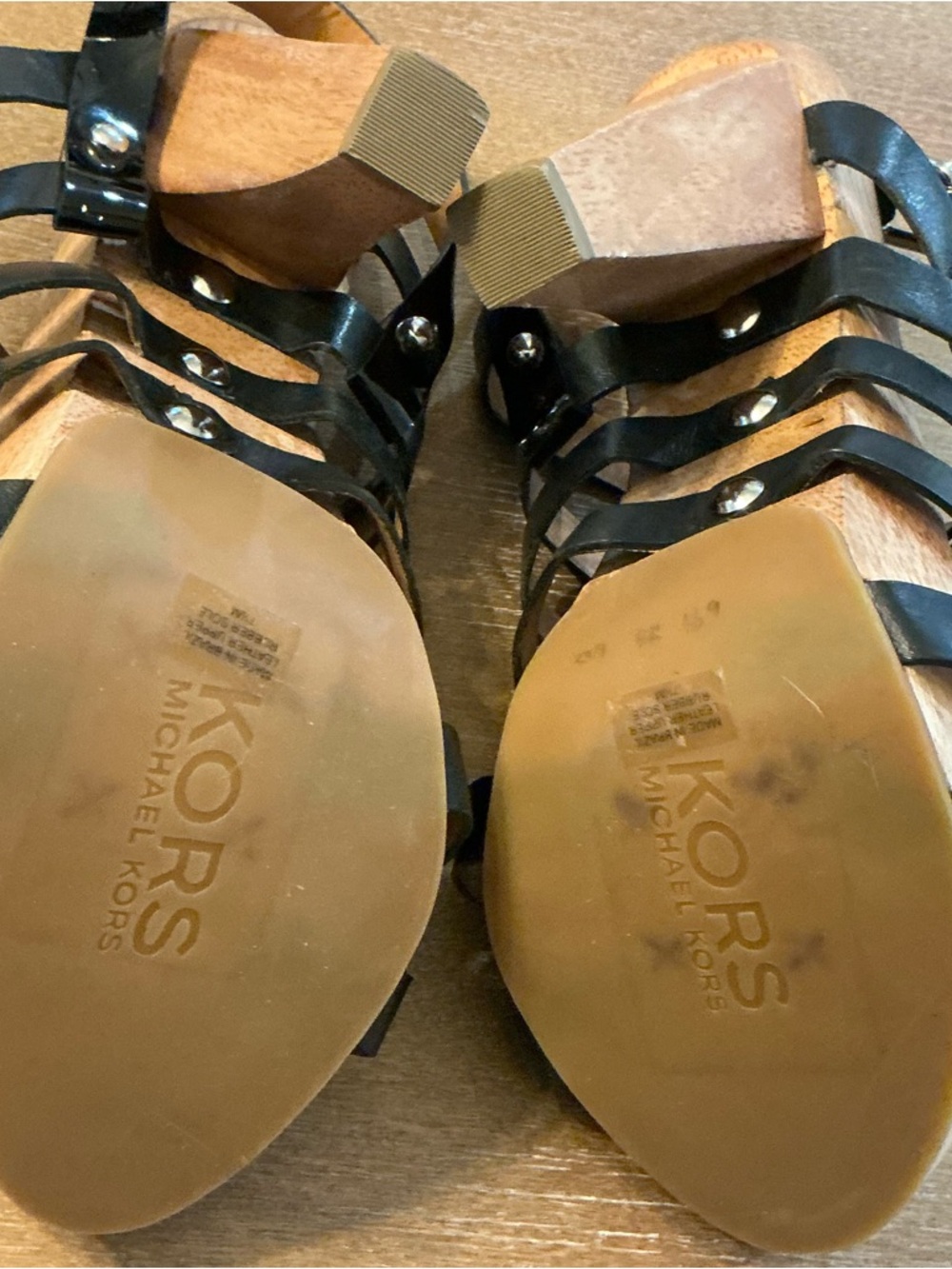 Michael Kors Black Leather Studded Platform Sandals with Wooden Heel Size 7.5 - Picture 7 of 9